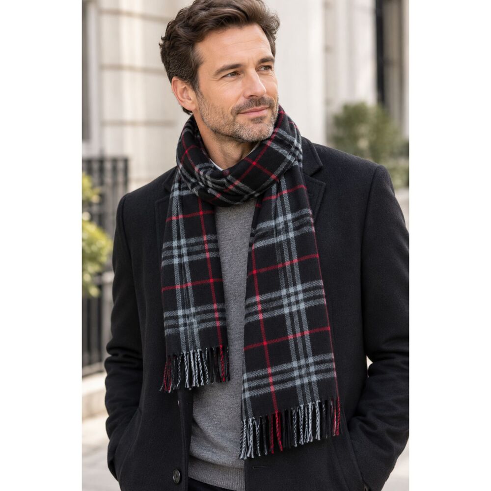 Burberry 100% Cashmere Plaid Scarf Black Gray Red Made in England
